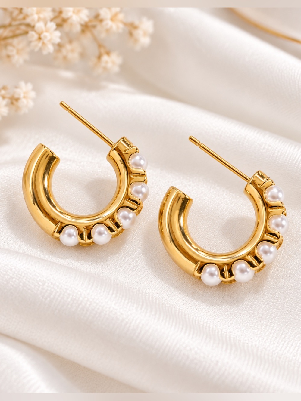 Gold Pearl Hoop Earrings | 304 Stainless Steel | PVD Gold Plated | Waterproof